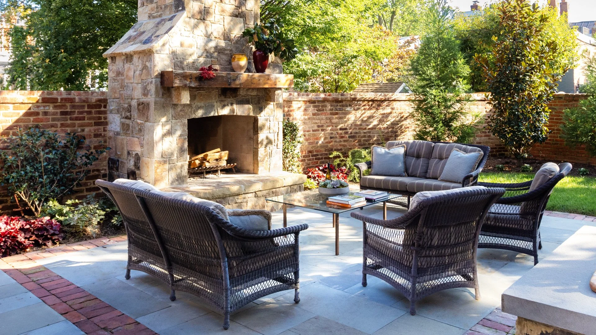 Outdoor fireplace and patio.