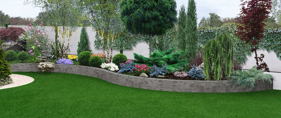 3D landscape design of plants and a retaining wall in Chevy Chase, MD.