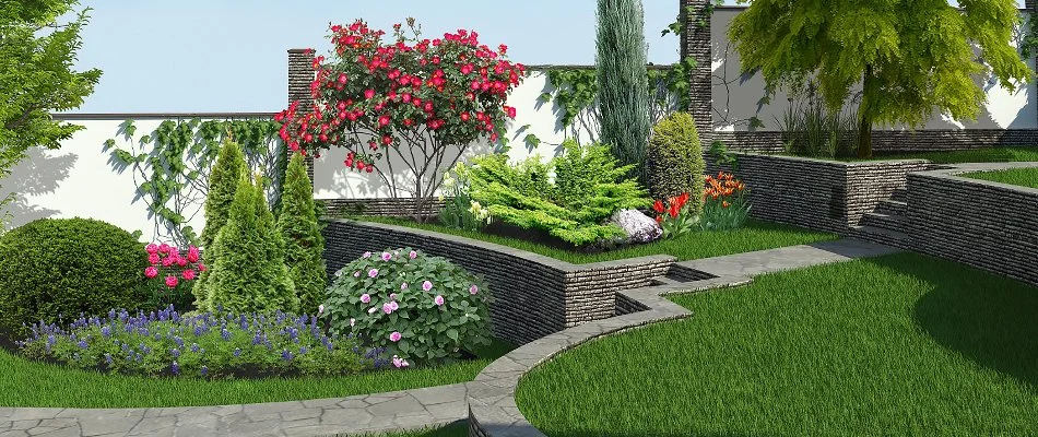 3D landscape design of retaining walls and plants in Chevy Chase, MD.