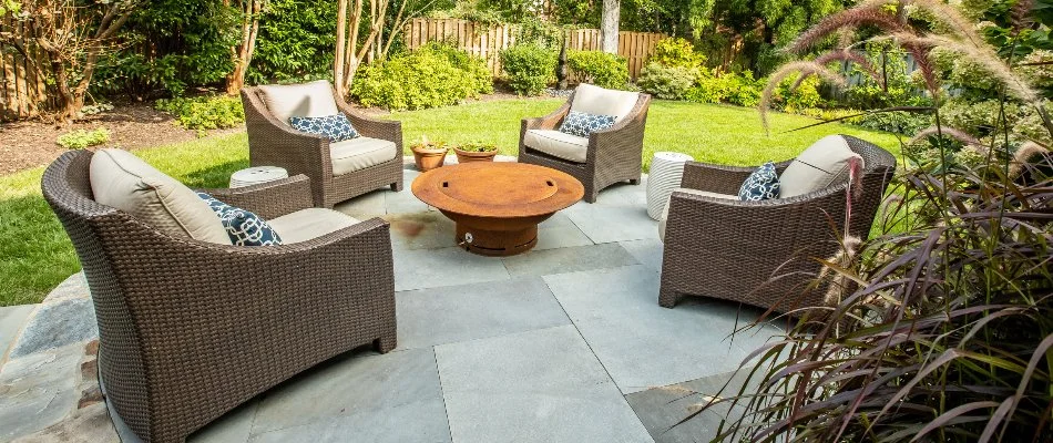 Furniture on a round patio in Chevy Chase, MD.