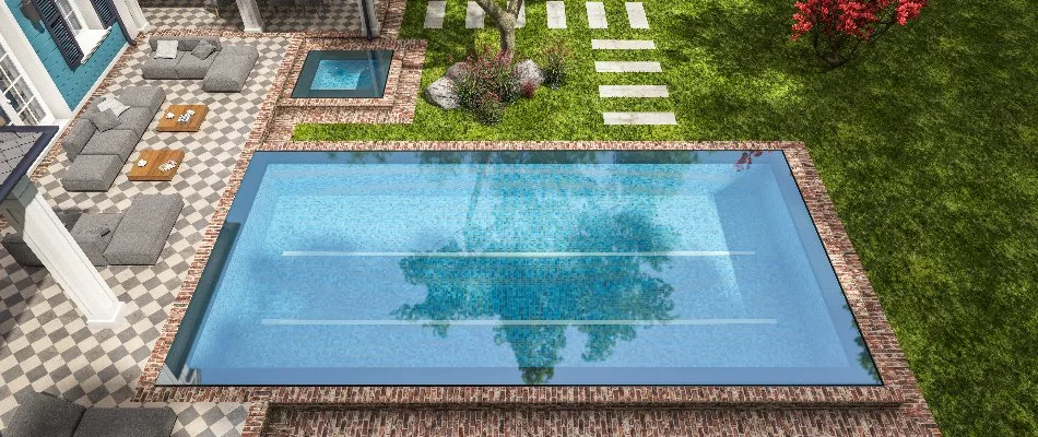 3D design rendering of a pool and landscaping in Chevy Chase, MD.