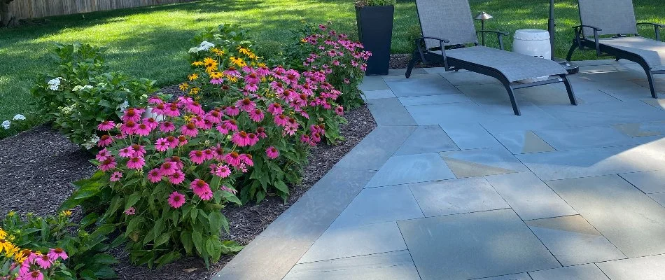 Landscape in Herndon, VA, with pink and yellow flowers.