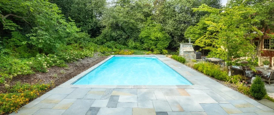 Rectangular pool in a backyard located in Chevy Chase, MD.